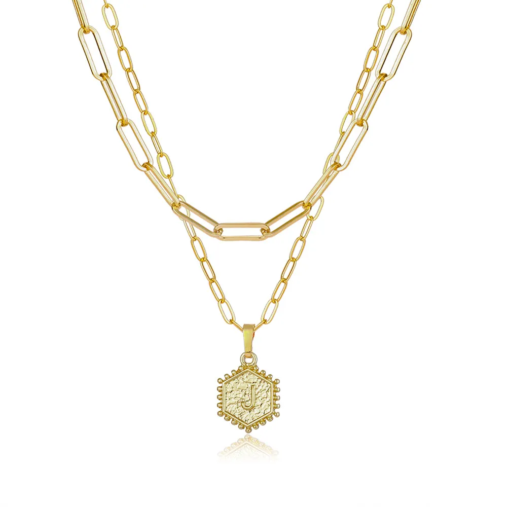 Colliers pendentifs délicats superposés avec initiales pour femmes, chaîne en or avec trombone, collier ras du cou simple avec lettres hexagonales_voghion.com