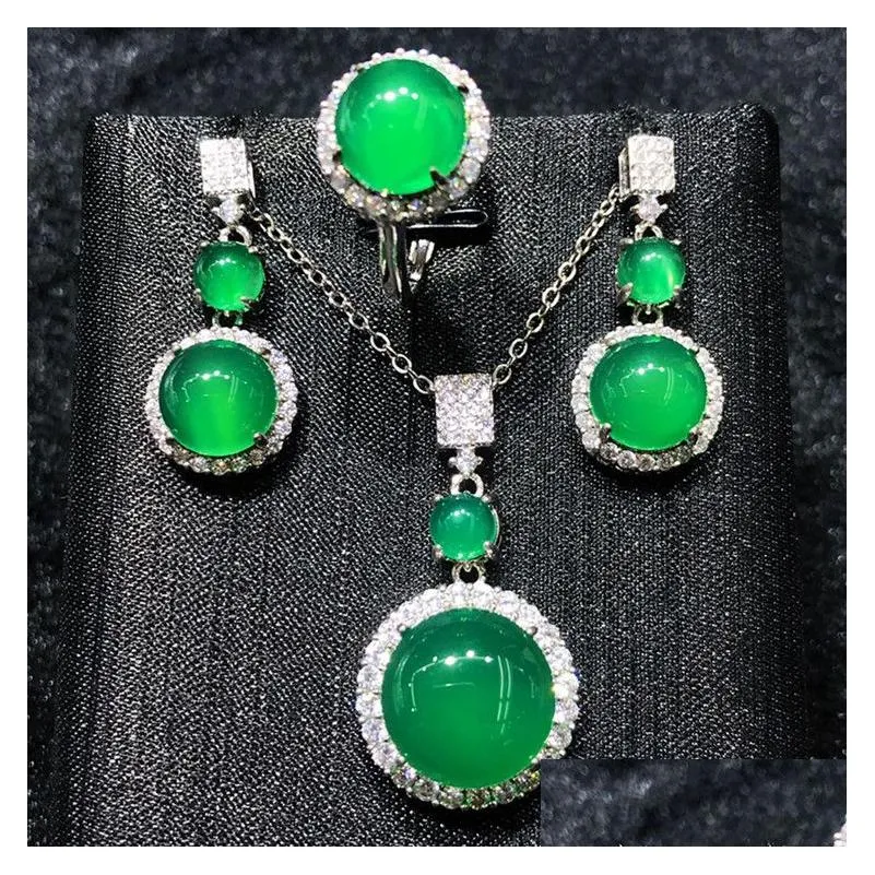 Ensembles de bijoux de mariage faits à la main en jade et diamants, bagues de fiançailles en argent sterling, boucles d'oreilles, collier pour femmes, goutte de mariée_voghion.com