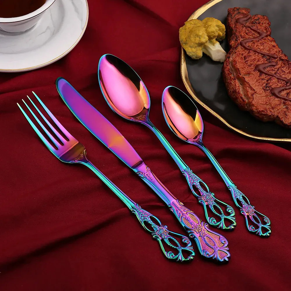Conjunto de talheres de aço inoxidável dourado, colher, garfo e faca de bife europeus, retrô, oco, louça, talheres_voghion.com