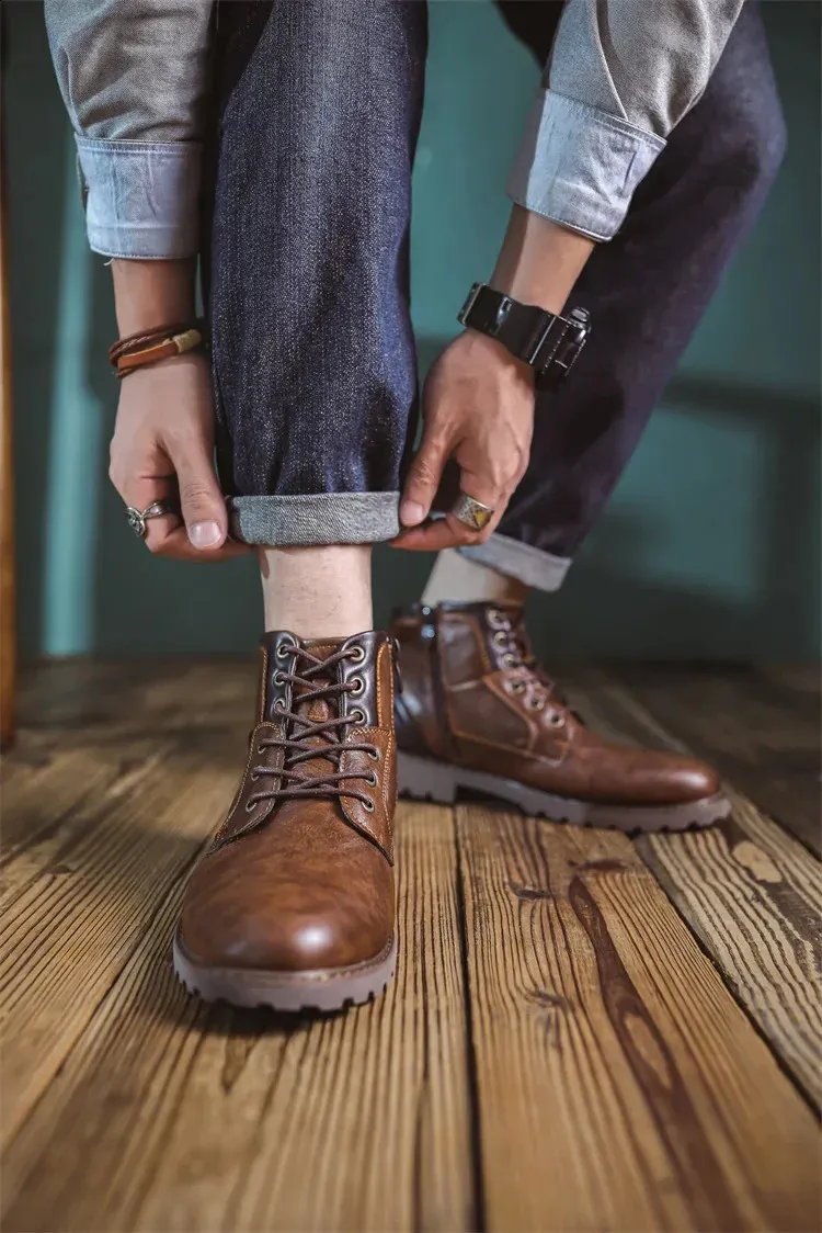 Bottines de travail en cuir marron pour homme, faites à la main, pour l'automne et l'hiver, style vintage, en tendon de bœuf, 240830_voghion.com