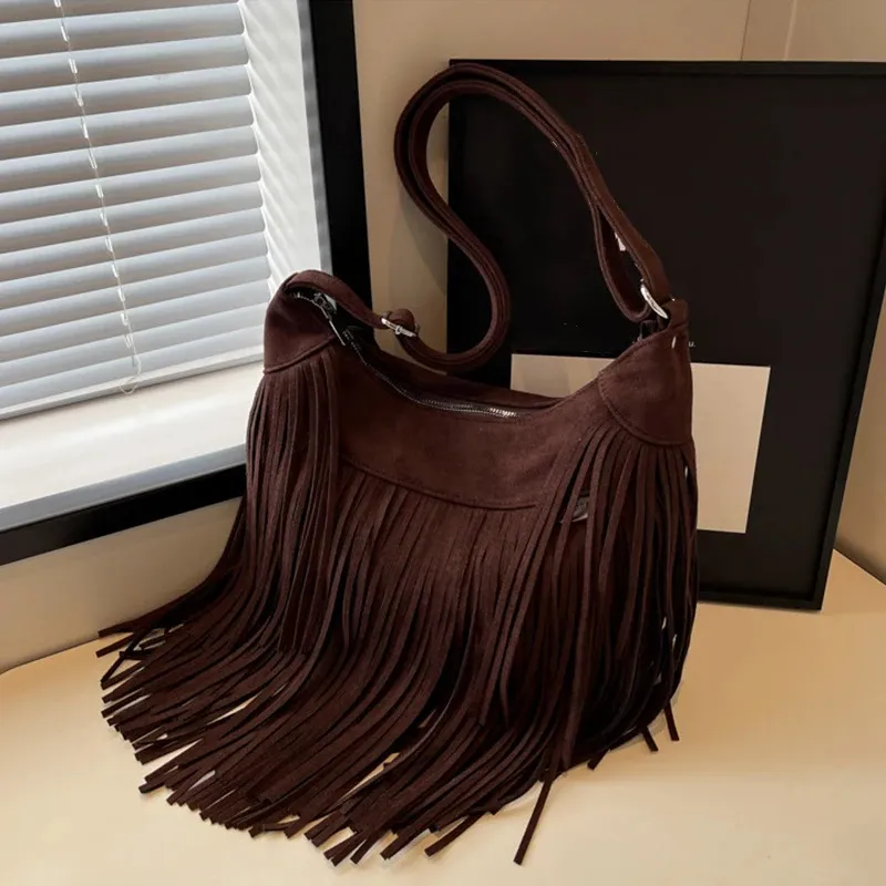 Borse a tracolla in pelle scamosciata con nappe e frange da donna 2024 Borsa a tracolla da donna alla moda Borsa a mano Tote Marrone Nero_voghion.com