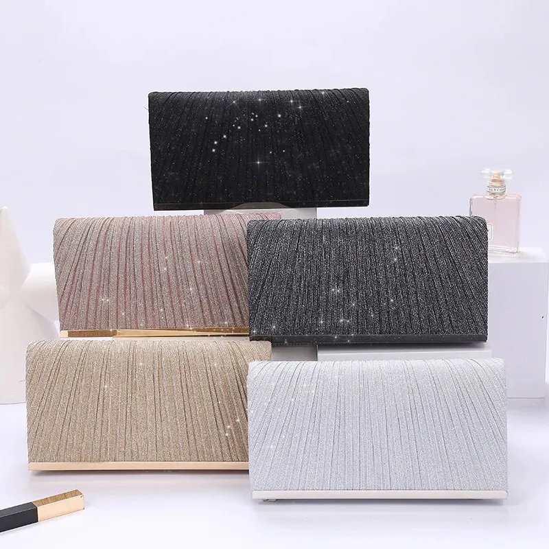 Womens Pleated Sequin Evening Clutch Wedding Purse Bride Handbag Chain Crossbody For Banquet Party Dinner Bag 240807_voghion.com