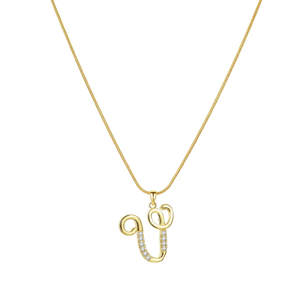 Colliers pendentifs personnalisés CZ A-Z Alphabet Collier Bijoux Plaqué Or Lettre Initiale Cursive Vieil Anglais_voghion.com