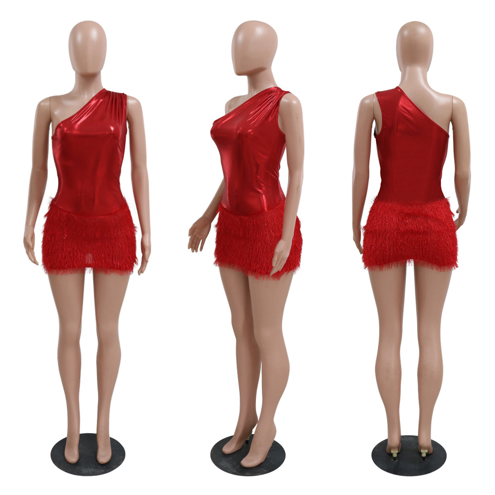 Women's Clothing New Product Fashion Sexy Slim Fit Hip Covering Bright Leather Knitted Wool One Shoulder Short Skirt_voghion.com