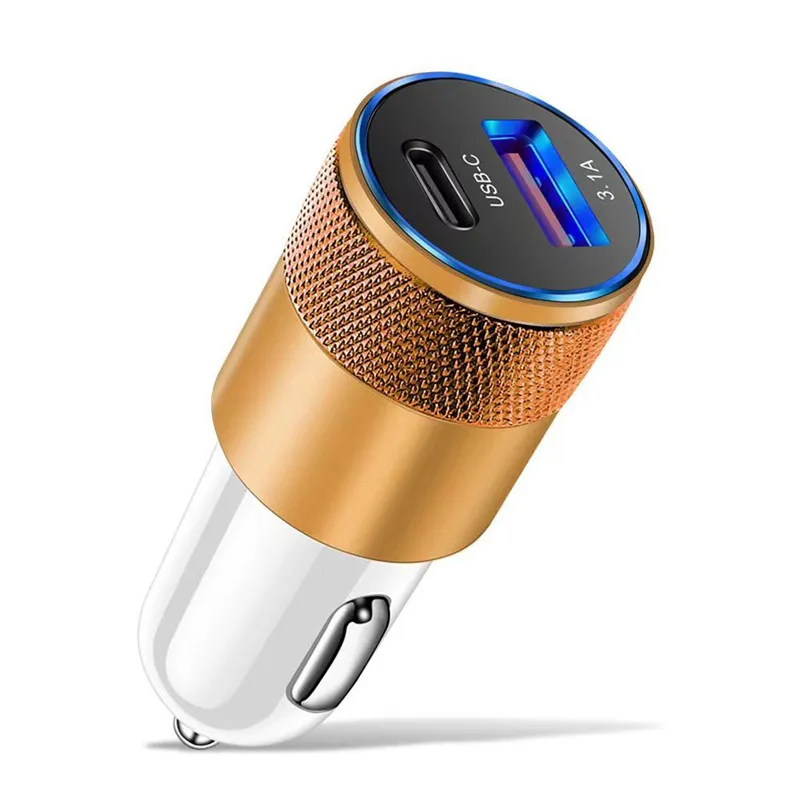 Adattatore per auto con ricarica rapida portatile in metallo a doppia porta USB-A e USB-C da 38 W e 3,1 A PD per iPhone 16, 15, 14, 13, 12 e 11 Pro._voghion.com