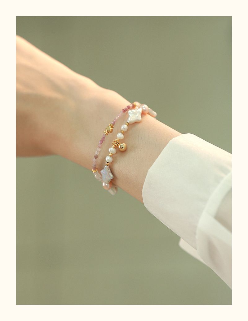 Braccialetto alla moda barocco da donna francese irregolare esotica con perle a doppio strato e fibbia OT in tormalina rosa_voghion.com