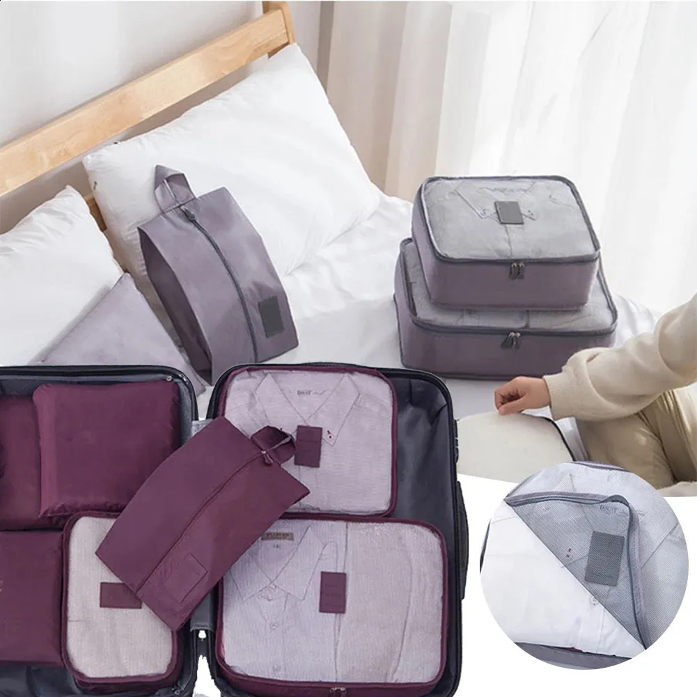 7 stücke Reiseaufbewahrungstaschen Tragbare Koffer Packtasche Koffer Kleidung Schuhe Make-Up Lage Organizer Für Camping 240723_voghion.com