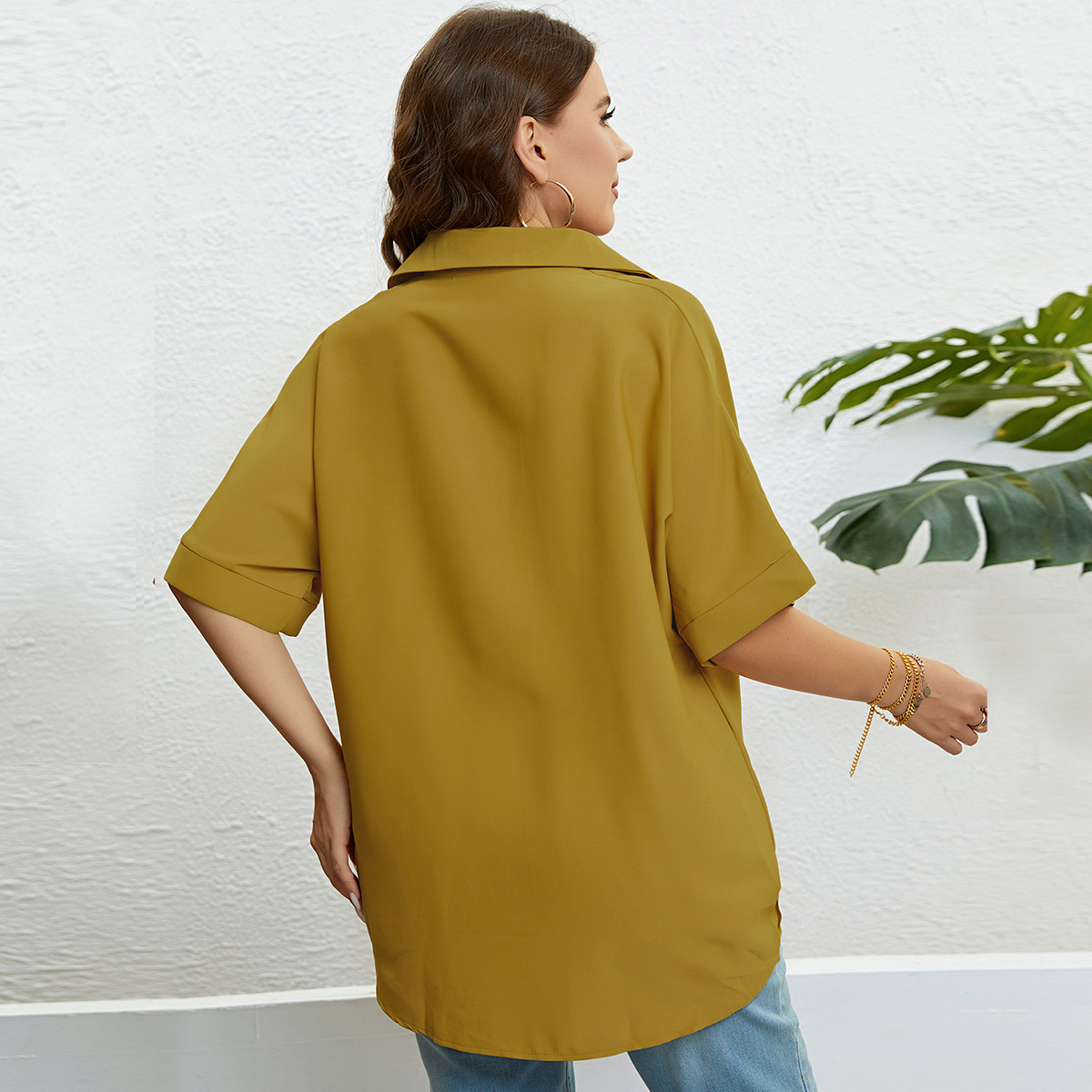 Topuri pentru femei, cu decolteu în V, slim fit și mâneci în cinci puncte, mărimi mari_voghion.com