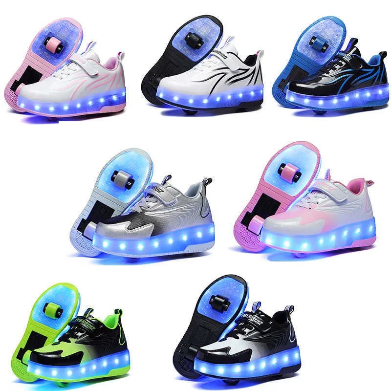 Kinderen One Two Wheels lichtgevende sneakers goudroze lichtgevende rolschaatsen kinderen led schoenen jongens meisjes USB-oplaadbaar_voghion.com