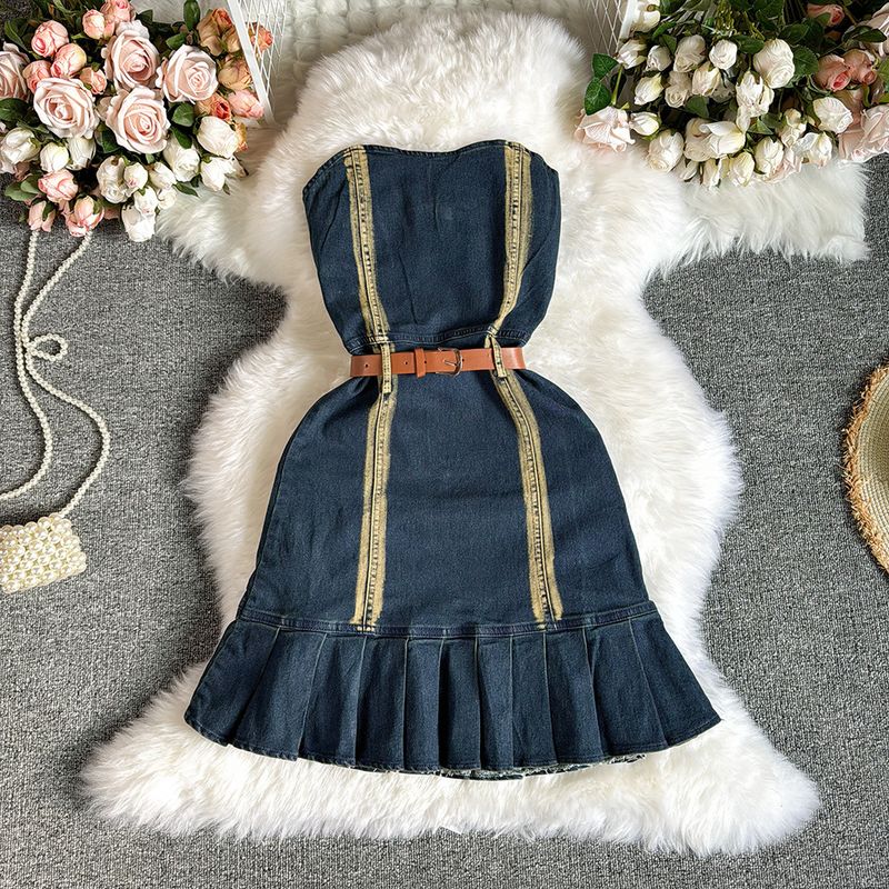 Rochie retro sexy din denim cu tub, cu un umăr, fără spate, cu coadă de pește, plisată pe șold, pentru femei_voghion.com
