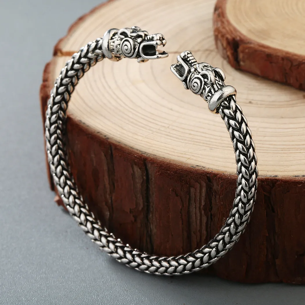 Viking Dragon Bracelet For Men Open Cuff Silver And Bronze Tone_voghion.com