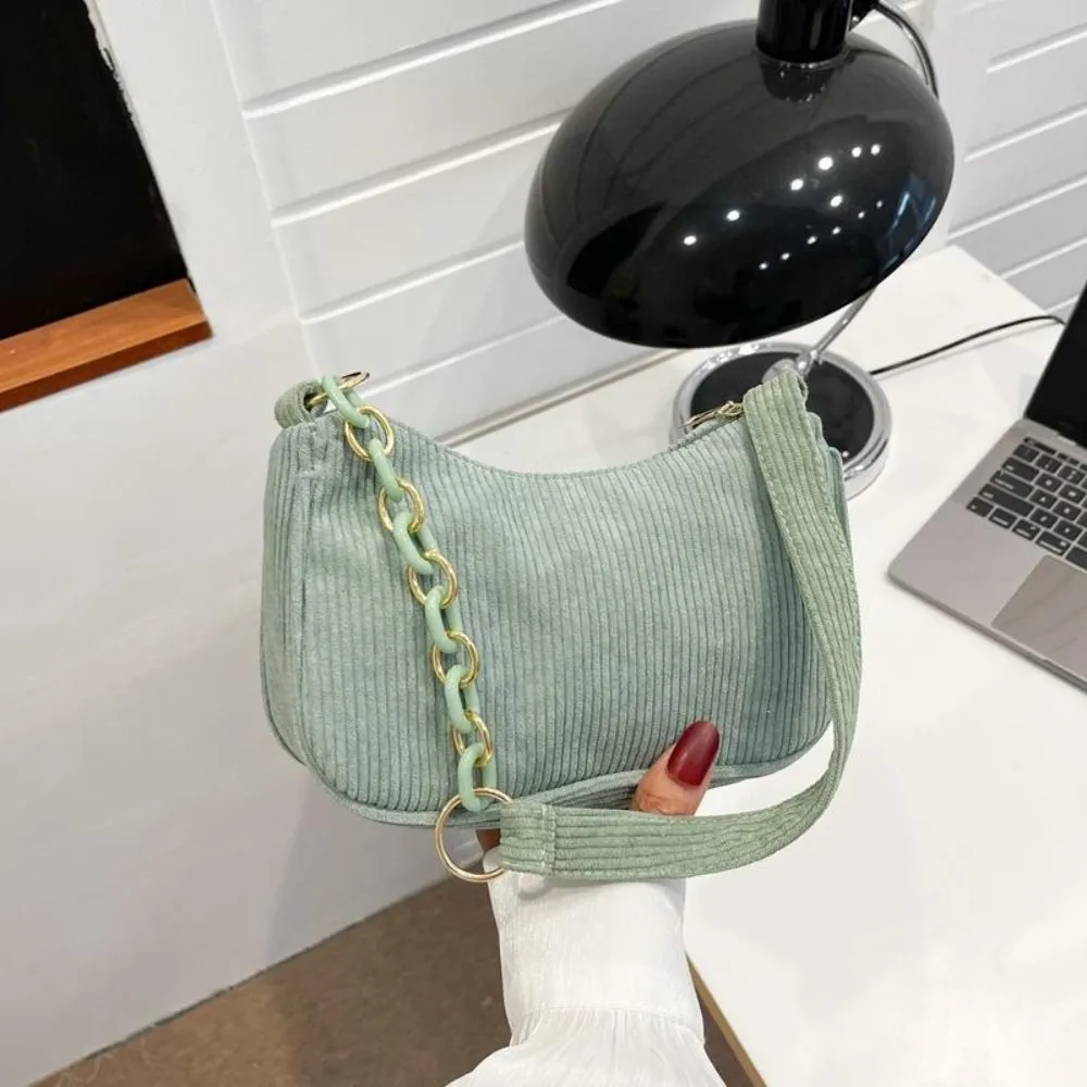 Hobo Chain Corduroy Shoulder Bag Korean Style Solid Color Crossbody Storage Makeup Lipstick Veet Underarm_voghion.com