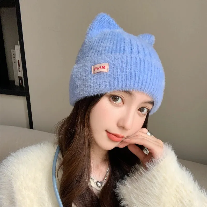 Ženske kape BeanieSkull, slatke mačje uši, zimska kapa s ušima, modna krznena pletena Kpop stila, mekane kape Beanie, ženske slatkiši_voghion.com