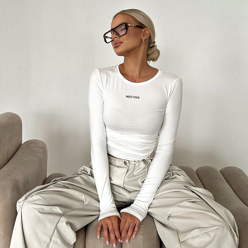 Fashion Women’s Autumn New Item Solid Color Round Neck Long Sleeved Letter Printed Tight Fitting Inner Bottom Shirt Top