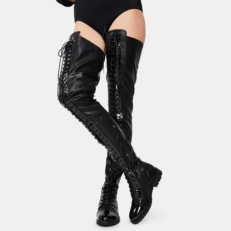 Neue sexy Schnürstiefeletten aus Leder mit seitlichem Reißverschluss und niedrigem Absatz und über dem Knie in Übergröße für Damen_voghion.com