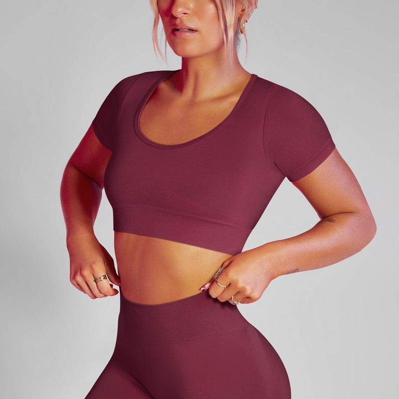 New Seamless Solid Color Low Neck Sho Sleeved Tight High Elasticity Spos Running Fiess Yoga Clothing Women's_voghion.com