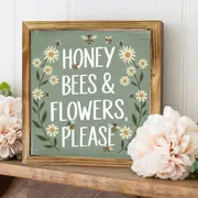 "8x8" 'Honey Bees & Flowers, Please' Wood Sign - Rustic Farmhouse Wall Art For Living Room, Entryway | Playful Easter Gift_voghion.com