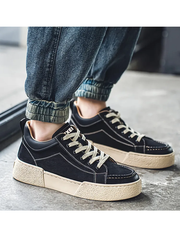 Baskets en cuir pour homme semelle épaisse style coréen_voghion.com