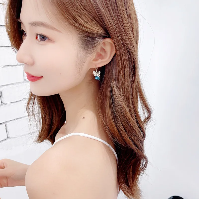 Boucles d'oreilles de style coréen de nouvelle marque 2024, ensemble de micro-boucles d'oreilles minimalistes en zircon, boucles d'oreilles papillon en cristal bleu_voghion.com