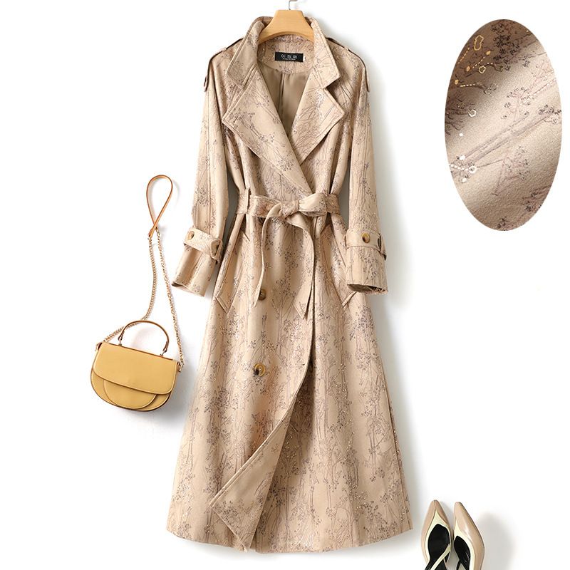 Women's autumn new style temperament fashion print over knee long windbreaker 6791_voghion.com