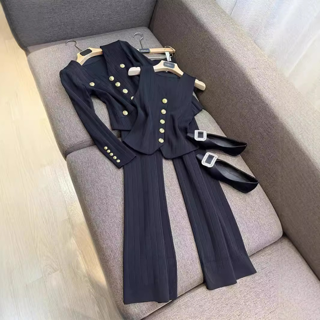 Women's Clothing neck metal button short knitted cardigan + vest + wide leg pants set