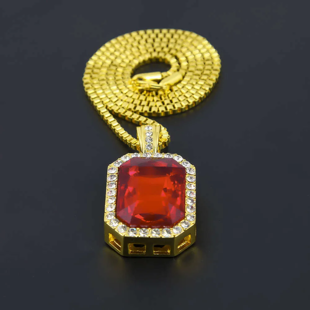 Hip Hop Diamond Square 4.5 * 2.5 Red Alloy Pendant Hiphop Men's Necklace_voghion.com