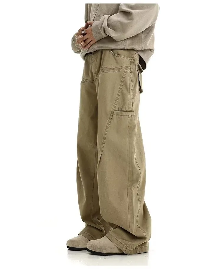 Pantaloni da uomo American Vintage pantaloni cargo a gamba larga da uomo a vita alta tinta unita tasche multiple jogging primavera larghi_voghion.com