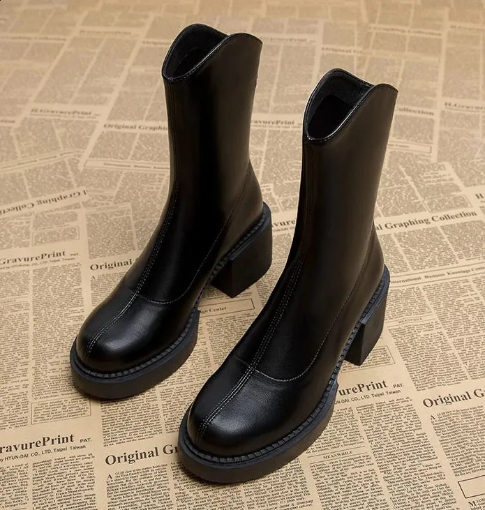 High ankle work very high heels brown short and chubby platform womens waterproof boots black Pu 240911_voghion.com