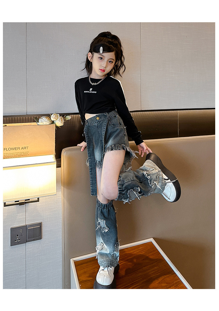 Frühlings- und Herbstanzüge für Mädchen von Mutter und Kind, modische, heiße Mädchen, straßentaugliche Langarmoberteile, personalisierte Hip-Hop-Jeans, zweiteiliges Set_voghion.com