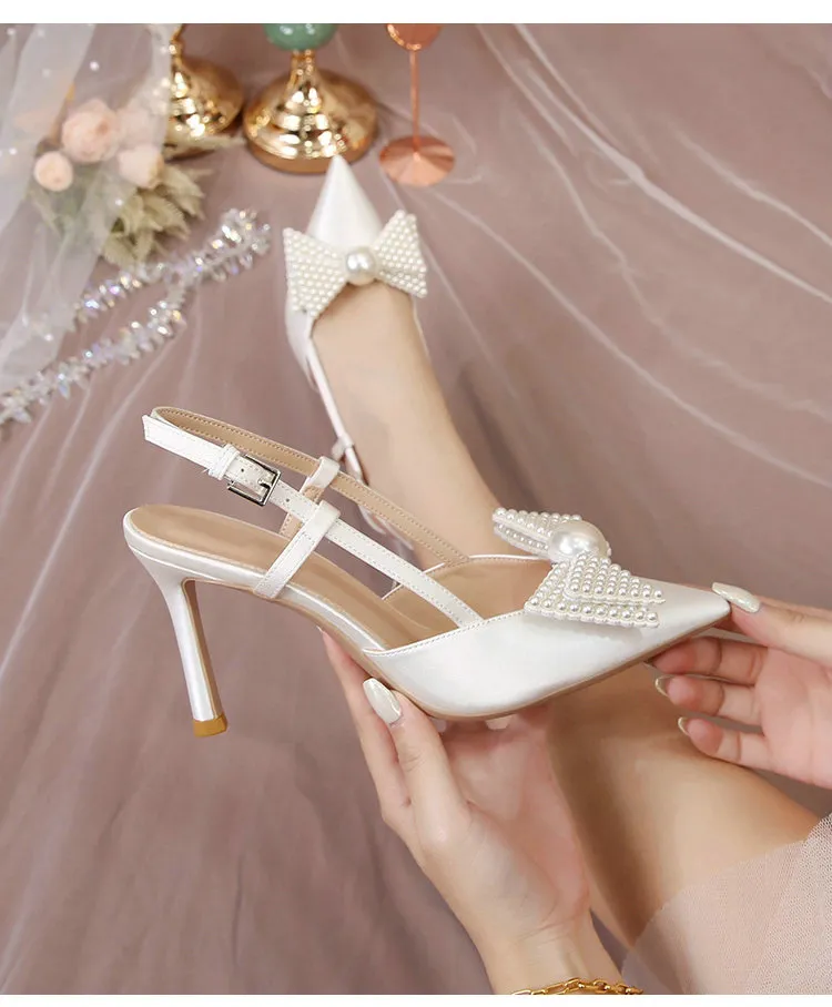 Hochzeit Französisch Frauen 2024 Neue Weiße Brautjungfer Schuhe Bogen High Heels Eleganz Sandalen E336_voghion.com