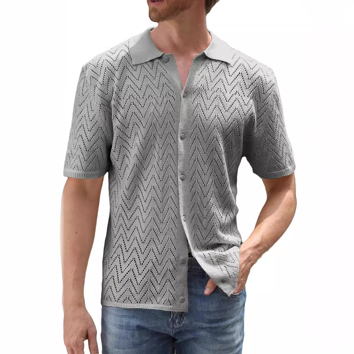 Ropa de hombre Camisa de punto informal para hombre Camisa de manga corta para hombre Cárdigan de color liso Tops calados Ropa de hombre_voghion.com