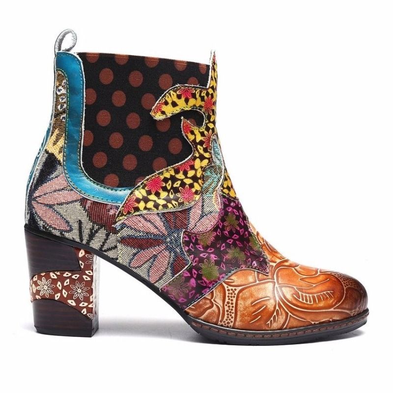 Vintage Splicing Impresso Tornozelo para Mulheres Sapatos Femininos PU Couro Retro Bloco Salto Alto Bohemian Senhoras Inverno Curto_voghion.com
