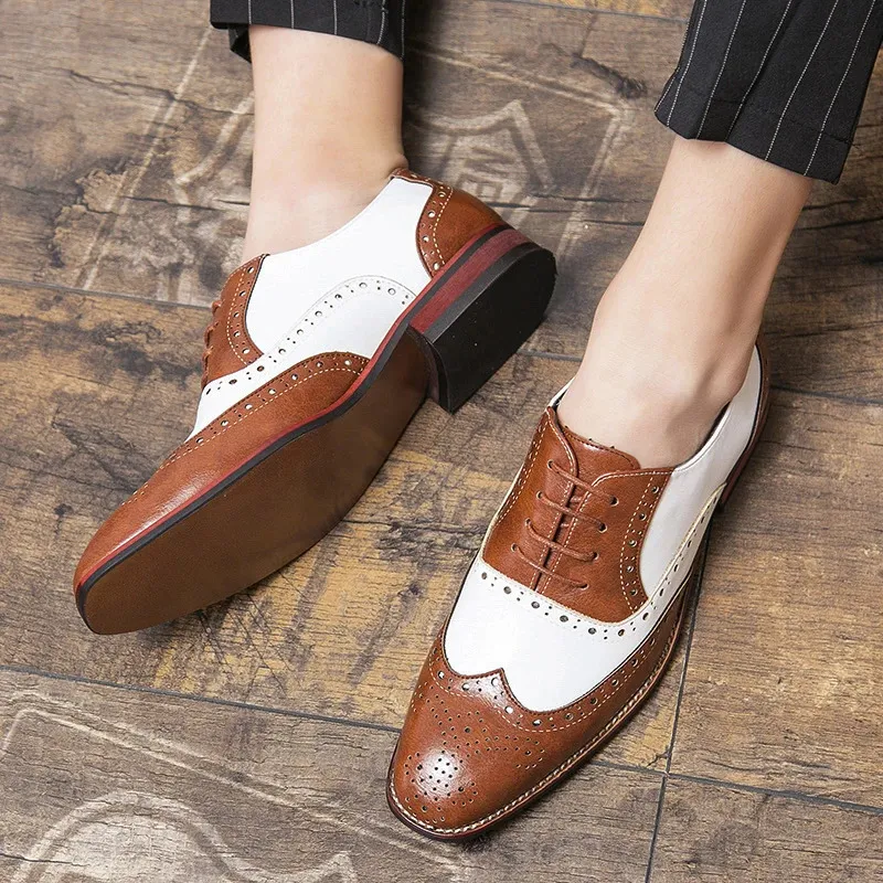 Chaussures de bal de promo en cuir pour hommes, mocassins à lacets, style richelieu, patchwork, noir et blanc_voghion.com