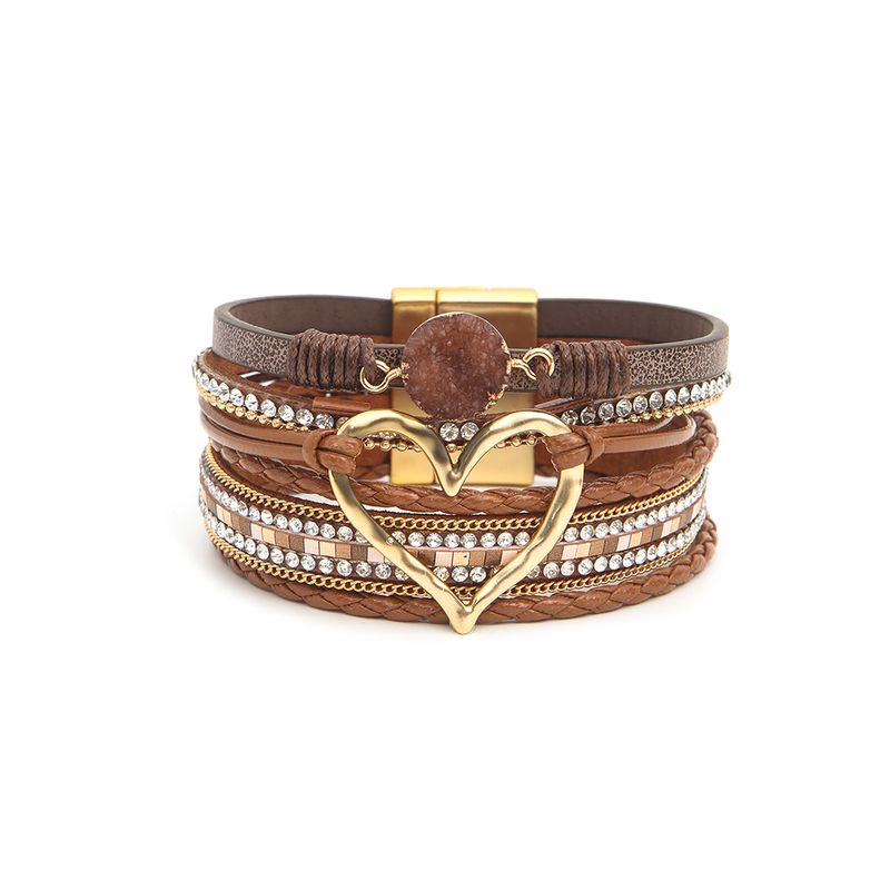 Bohemian Multi-layer Leather Handwoven Gold Big Love Ladies Bracelet_voghion.com