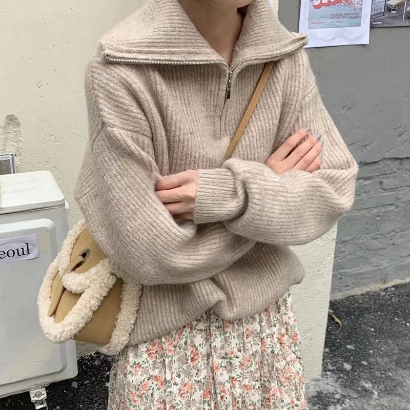 Damen Reißverschluss Stehkragen Modischer einfarbiger lockerer Pullover Damen lässig gestrickt Langarmpullover Winter_voghion.com