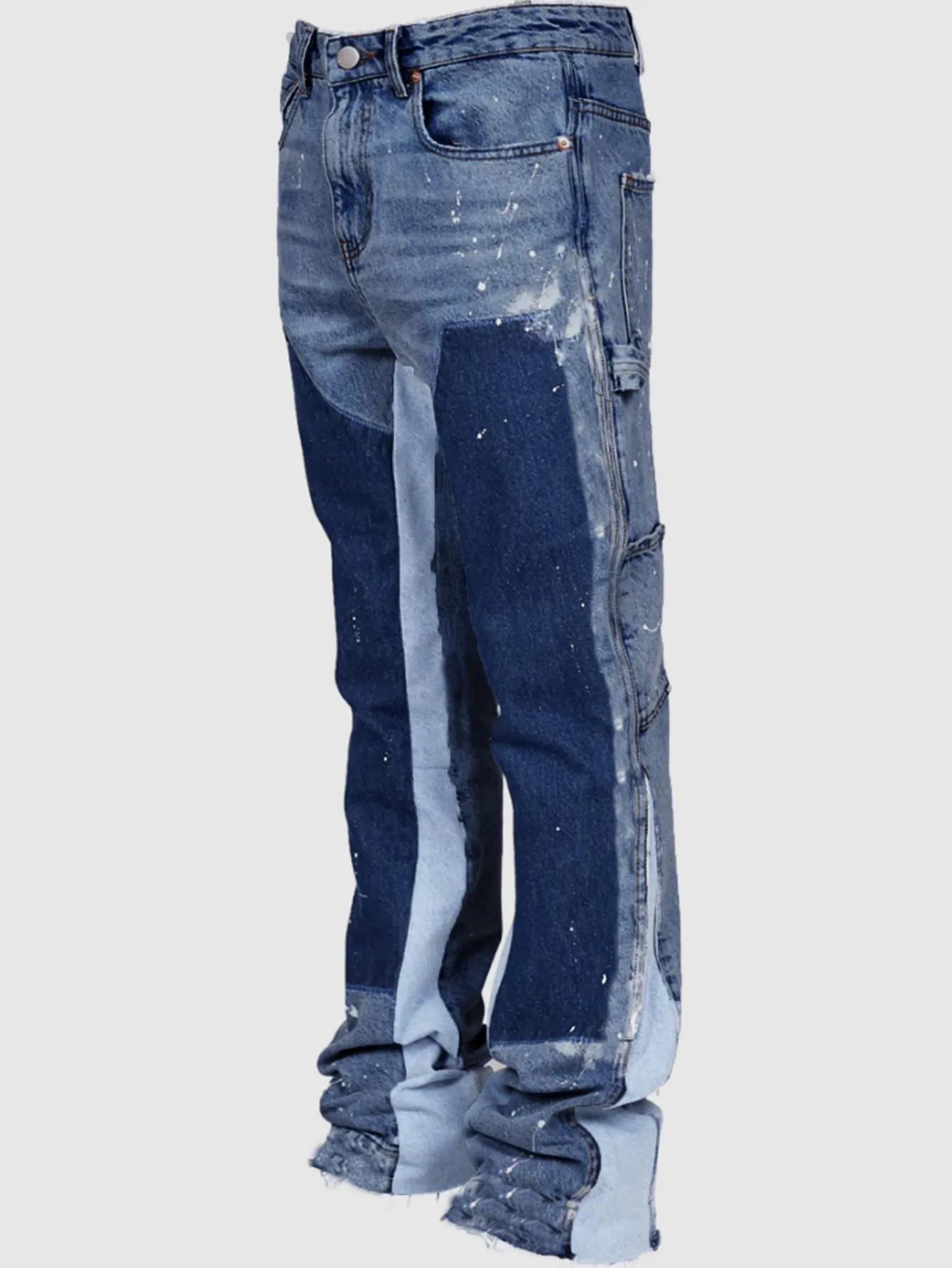 Men's Hand-Painted Flared Jeans - Black With Contrast Color Block Design, Retro Bootcut Trousers, Street Style Denim_voghion.com