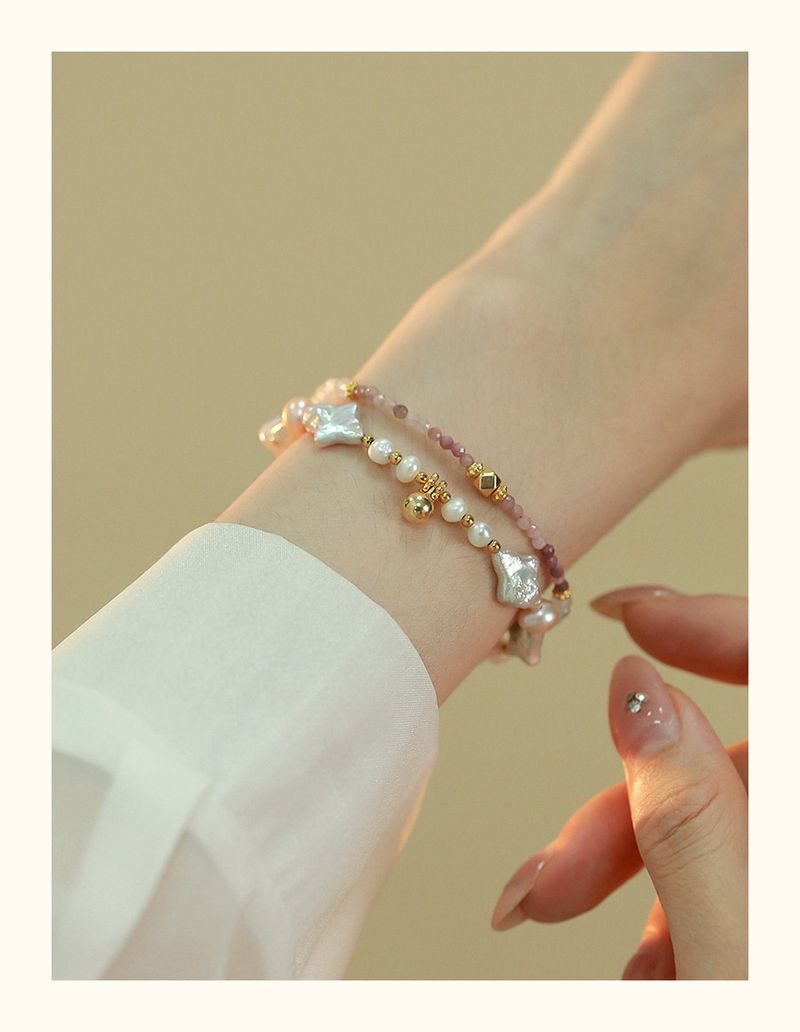 Braccialetto alla moda barocco da donna francese irregolare esotica con perle a doppio strato e fibbia OT in tormalina rosa_voghion.com