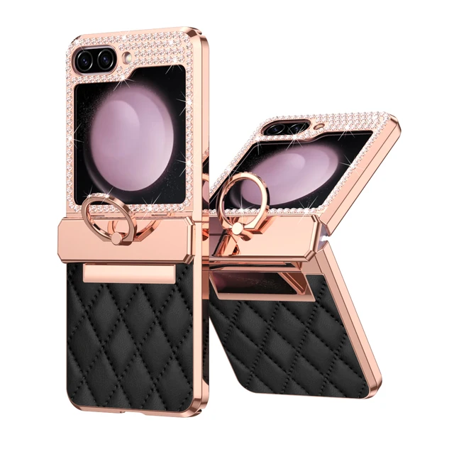 Ringgalvanisert telefondeksel til Samsung Galaxy Z Flip 6 5 4 3 Flip6 Flip5 Flip4 Flip3 Diamantskall i glitrende skinn_voghion.com