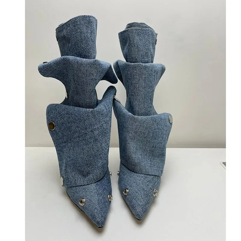 Gerimpelde metalen knoop gesplitste denim 2024 dames afneembare halfhoge laarzen 34-43 autoshowmodel_voghion.com