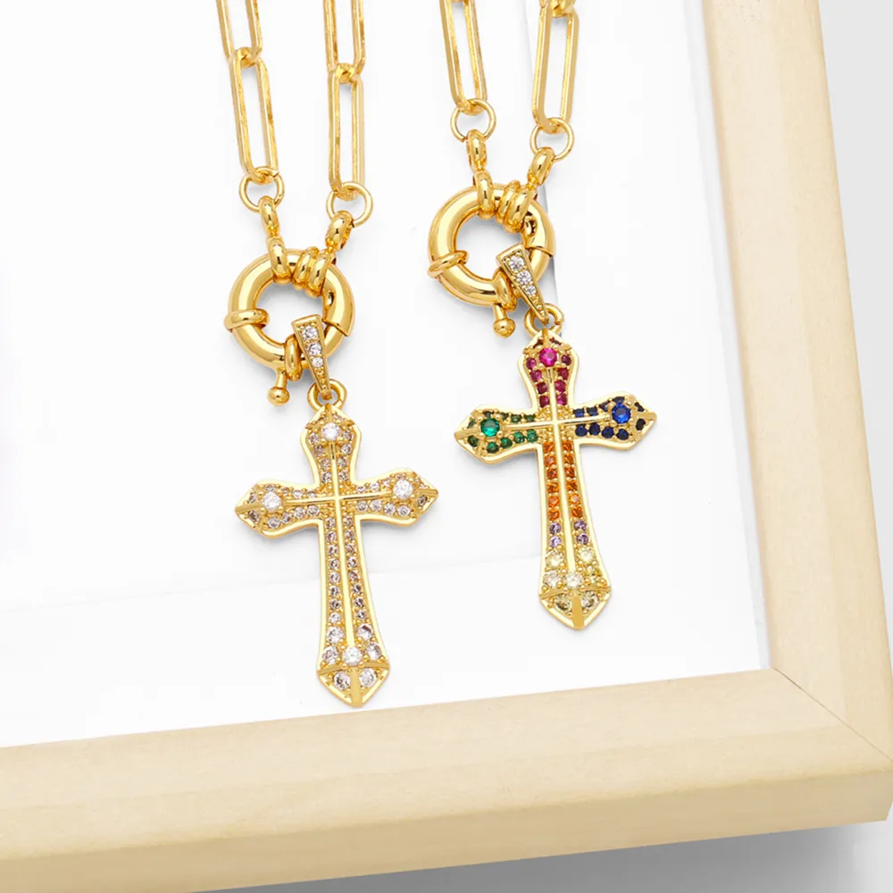 Collane con ciondolo FLOLA MultiColor Zircone Croce per donna Rame Placcato Oro Catena a graffetta Amuleto Gioielli Regali Collare_voghion.com