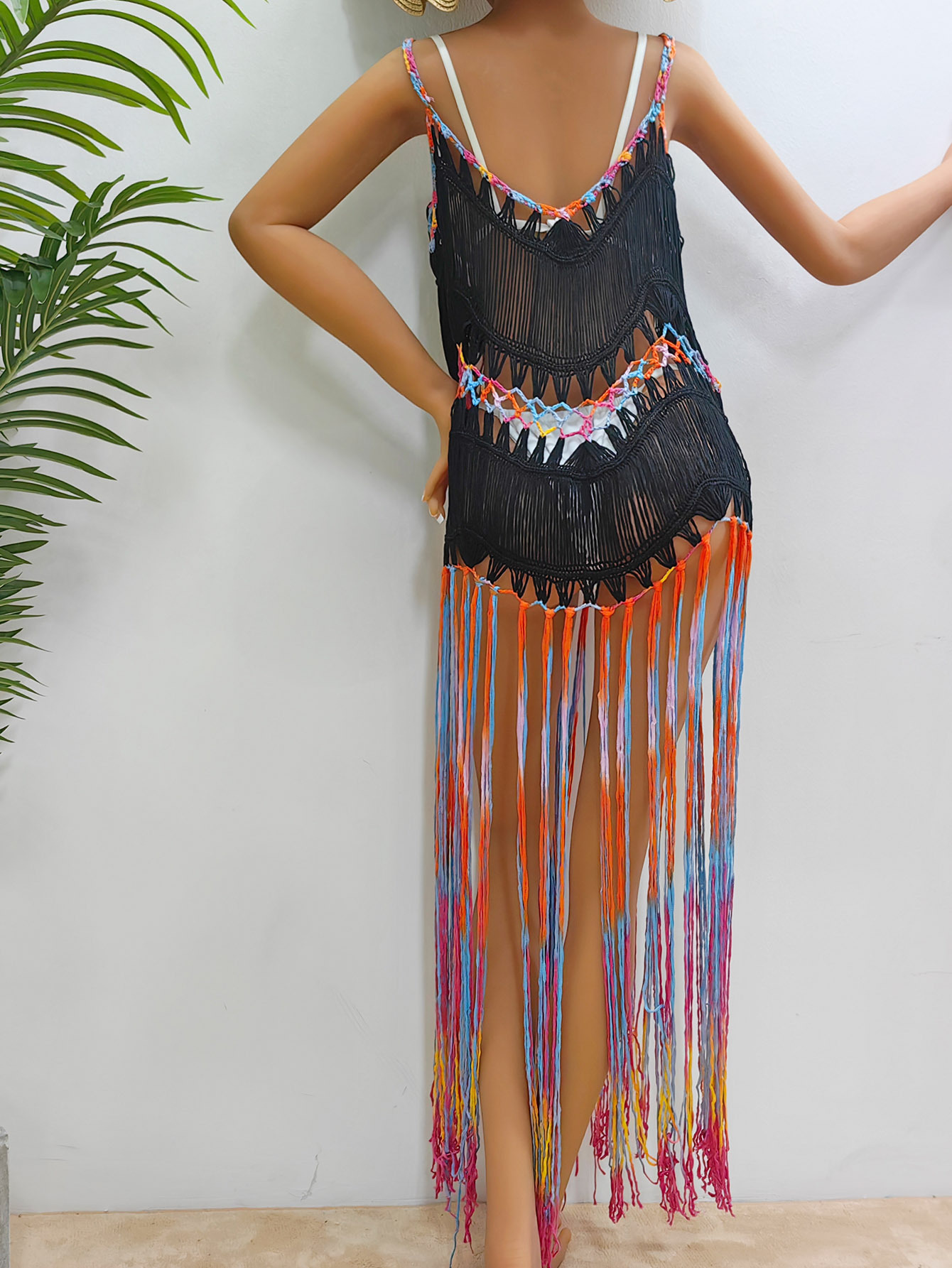Women's Clothing Women's beach vacation blouse women's clothing pure hand-crocheted dyed tassel skirt random gradient suspender skirt_voghion.com