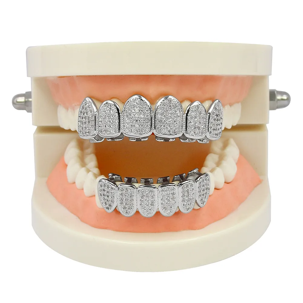 Echtes Gold Zähne Fang Grillz Punk Hip Hop Cubic Zirkon Iced Out Vampire Dental Mund Grills Zahnspangen Zahnkappe Rapper_voghion.com