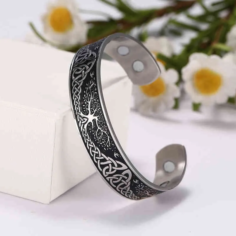 Skyrim Viking Bangle Endlos Love Buttons Tree of Life Birds Edelstol Manschett Magnéitesch Therapie Bracelet Männer Fraen_voghion.com