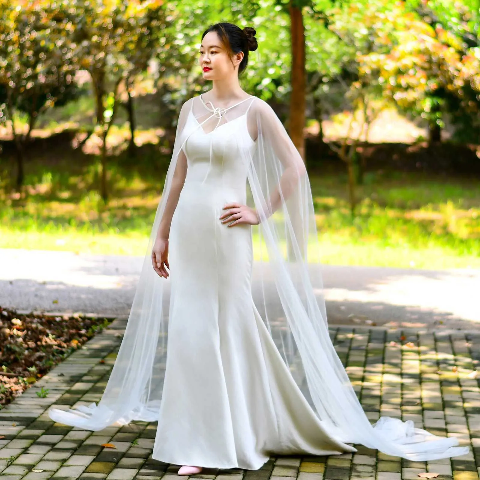 Gioielli per capelli da donna VG16, mantello lungo con velo, giacca da sera per donna, semplice bolero da sposa, scialle in morbido tulle per matrimonio_voghion.com