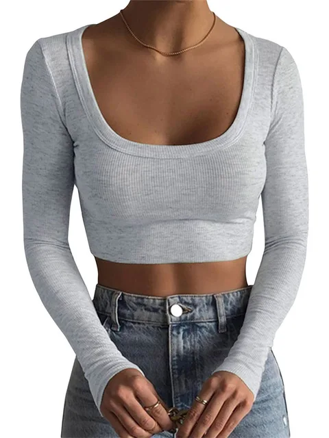hot selling Women Short Shirt Long Sleeve Deep Round Neck Solid Color Knit Women's Crop Casual Party Street Summer Tops Y2k_voghion.com