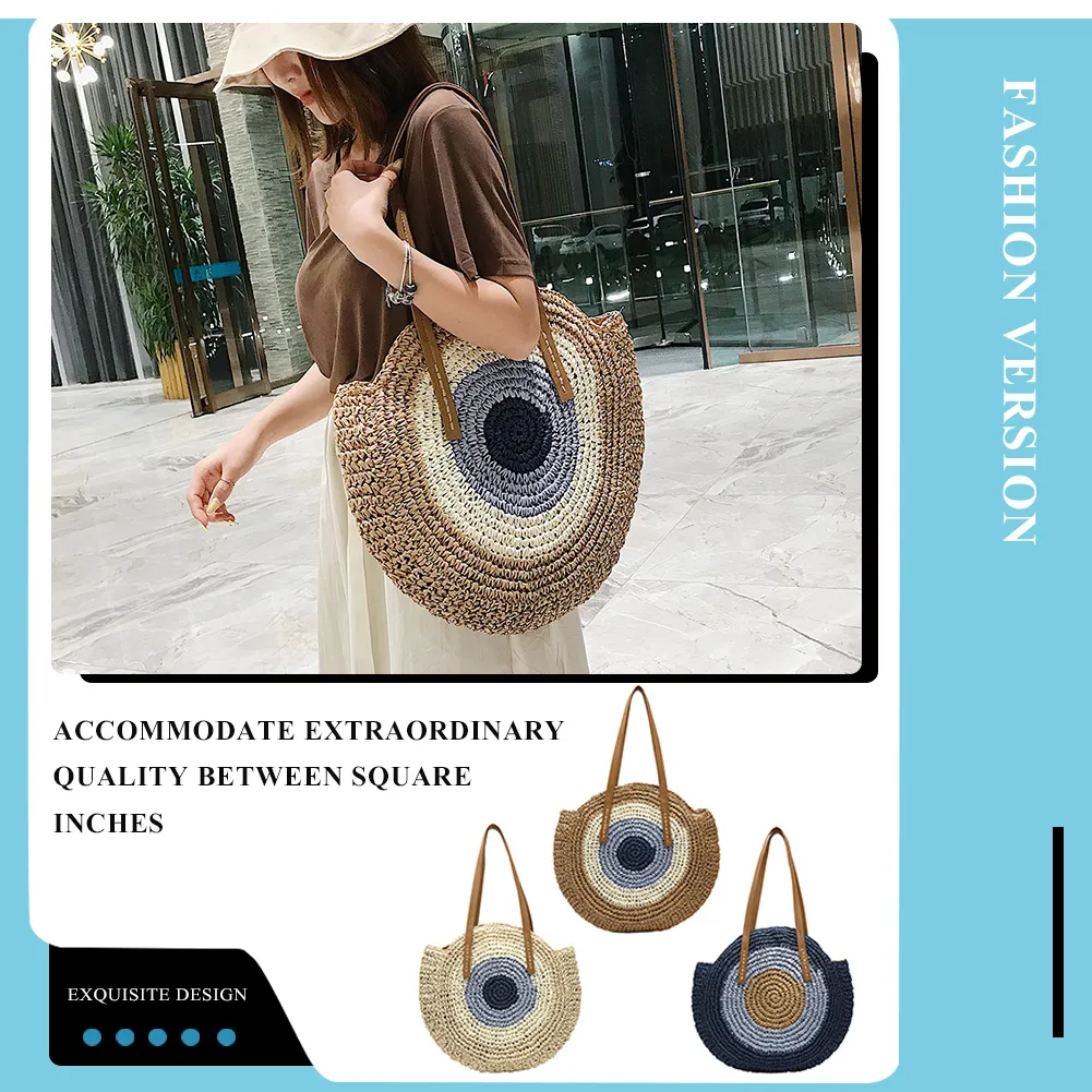 Borsa a tracolla rotonda estiva da donna in rattan intrecciato, in paglia, fatta a mano, da spiaggia, per la spesa, con manico superiore_voghion.com