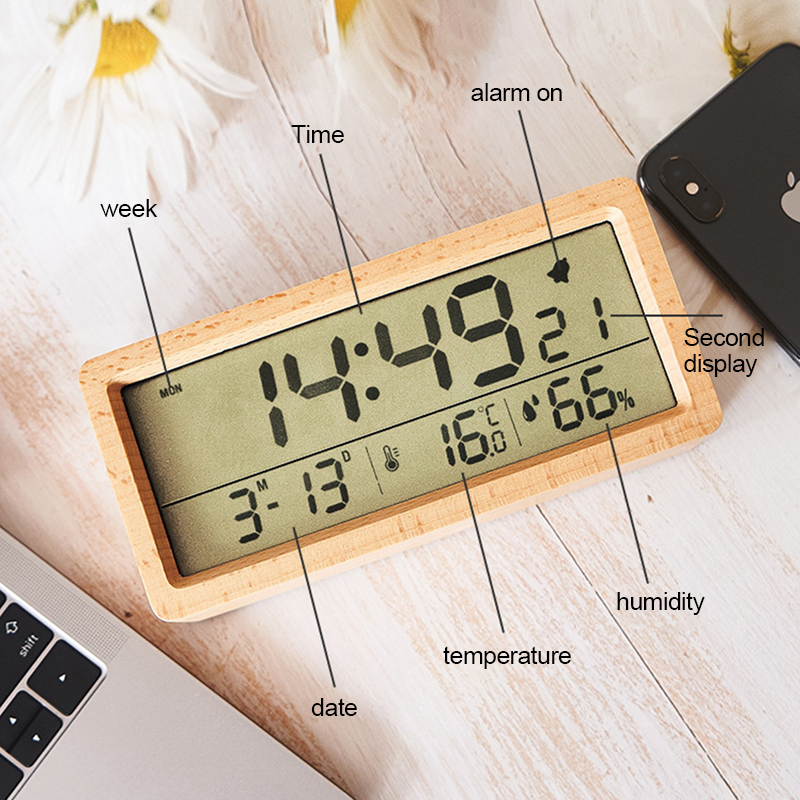 Sveglia digitale a LED in legno multifunzionale con grande schermo, data, temperatura, umidità, retroilluminazione, snooze 12/24 ore, orologio da tavolo_voghion.com