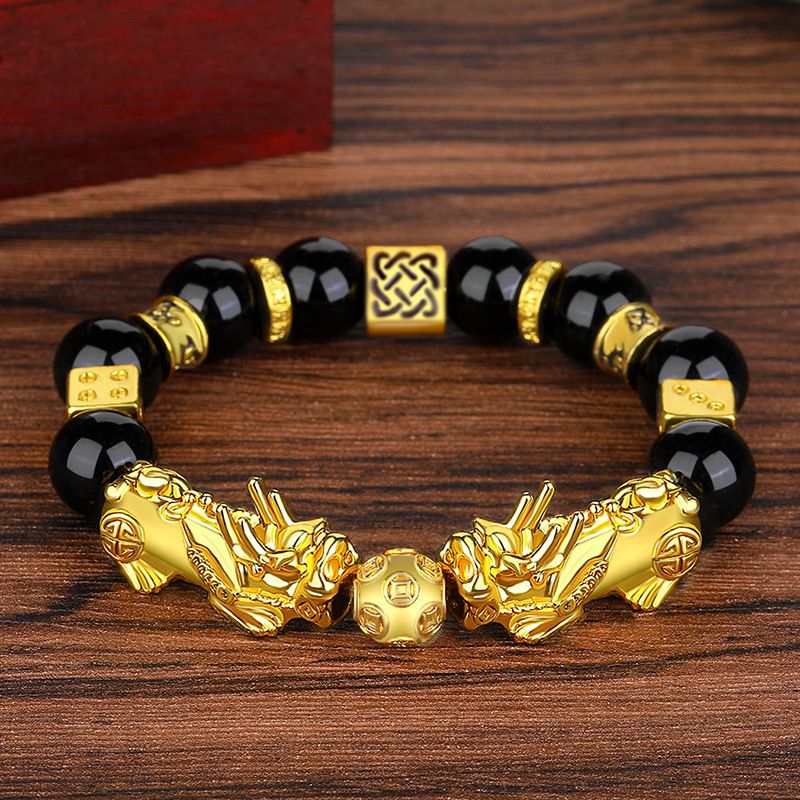 Bracciale unisex con perline di mantra a sei caratteri in ossidiana color oro e moda_voghion.com