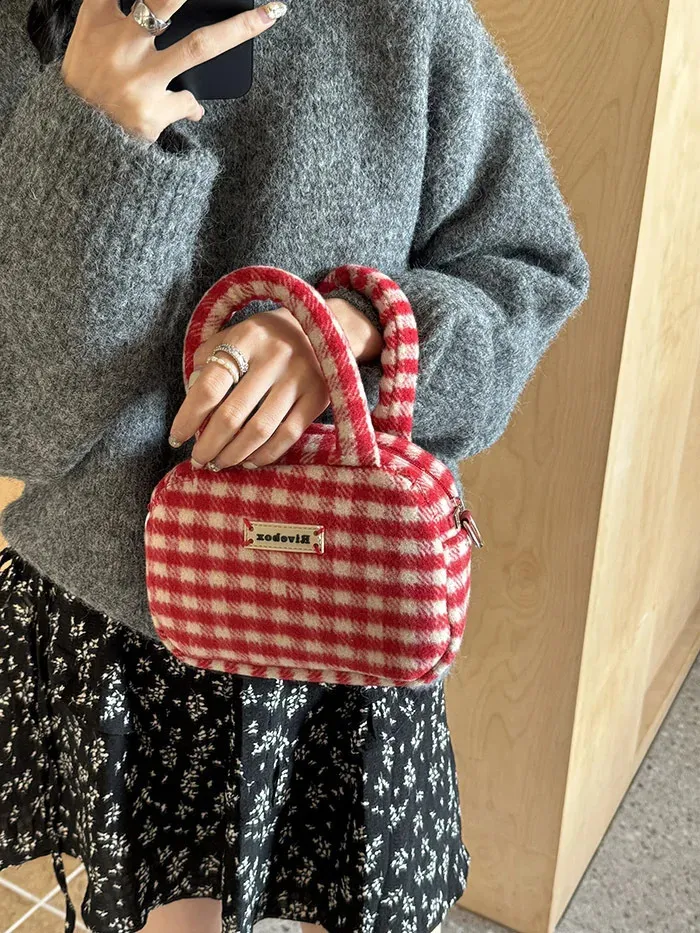 Xiuya Vintage Süße Handtasche für Damen Rot Kariert Buchstaben Weiche Kawaii Crossbody Herbst Winter Schultertasche 240816_voghion.com