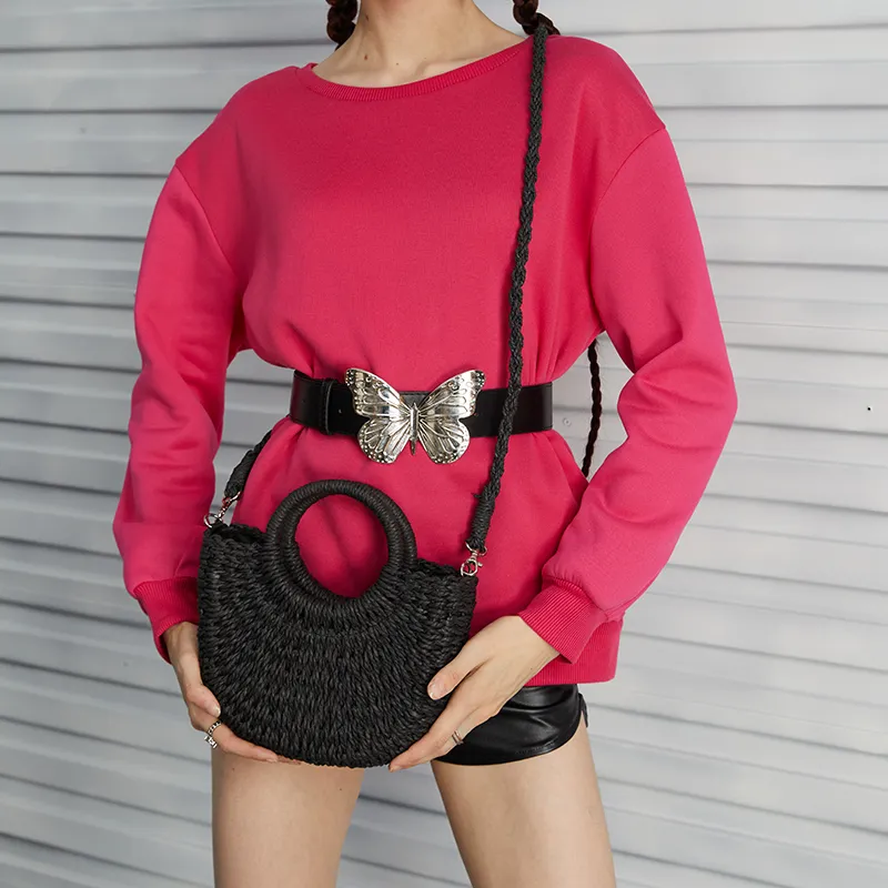 Sommer-Handgefertigte Taschen für Frauen, Weben, Damen, Strohumwickelte Strandtasche, Mondförmige Handtaschen mit Griff oben_voghion.com